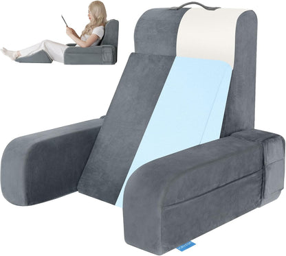 Melhany Adjustable Reading Pillow with Convertible Backrest, Memory Foam Bed Rest Pillow with Removable Arms and Side Pockets