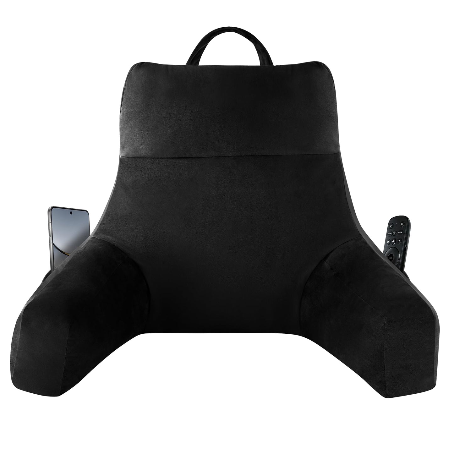 Melhany 18-Inch Shredded Memory Foam Reading Pillow with Arms, Velvet Bed Rest Back Support Pillow with Side Pocket