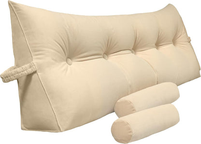 Melhany Queen Size Velvet Headboard Wedge Pillow Set with 2 Detachable Neck Rolls and Removable Washable Cover