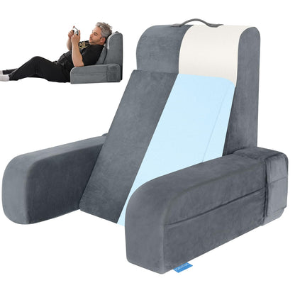 Melhany Adjustable Reading Pillow with Convertible Backrest, Memory Foam Bed Rest Pillow with Removable Arms and Side Pockets