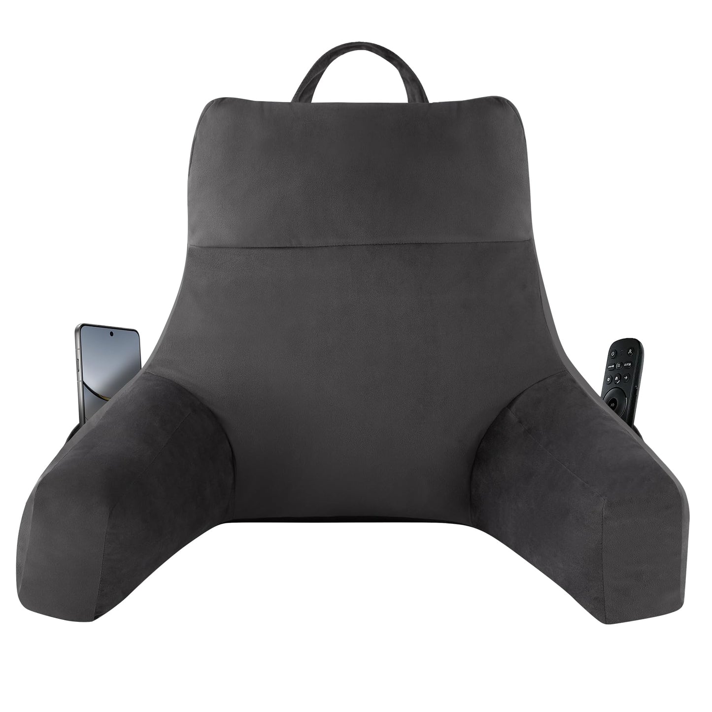 Melhany 18-Inch Shredded Memory Foam Reading Pillow with Arms, Velvet Bed Rest Back Support Pillow with Side Pocket