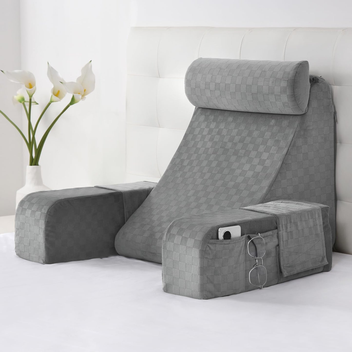 Melhany 19-Inch Wedge Reading Pillow with Removable Arms, Bed Rest Back Support Pillow with Side Pockets