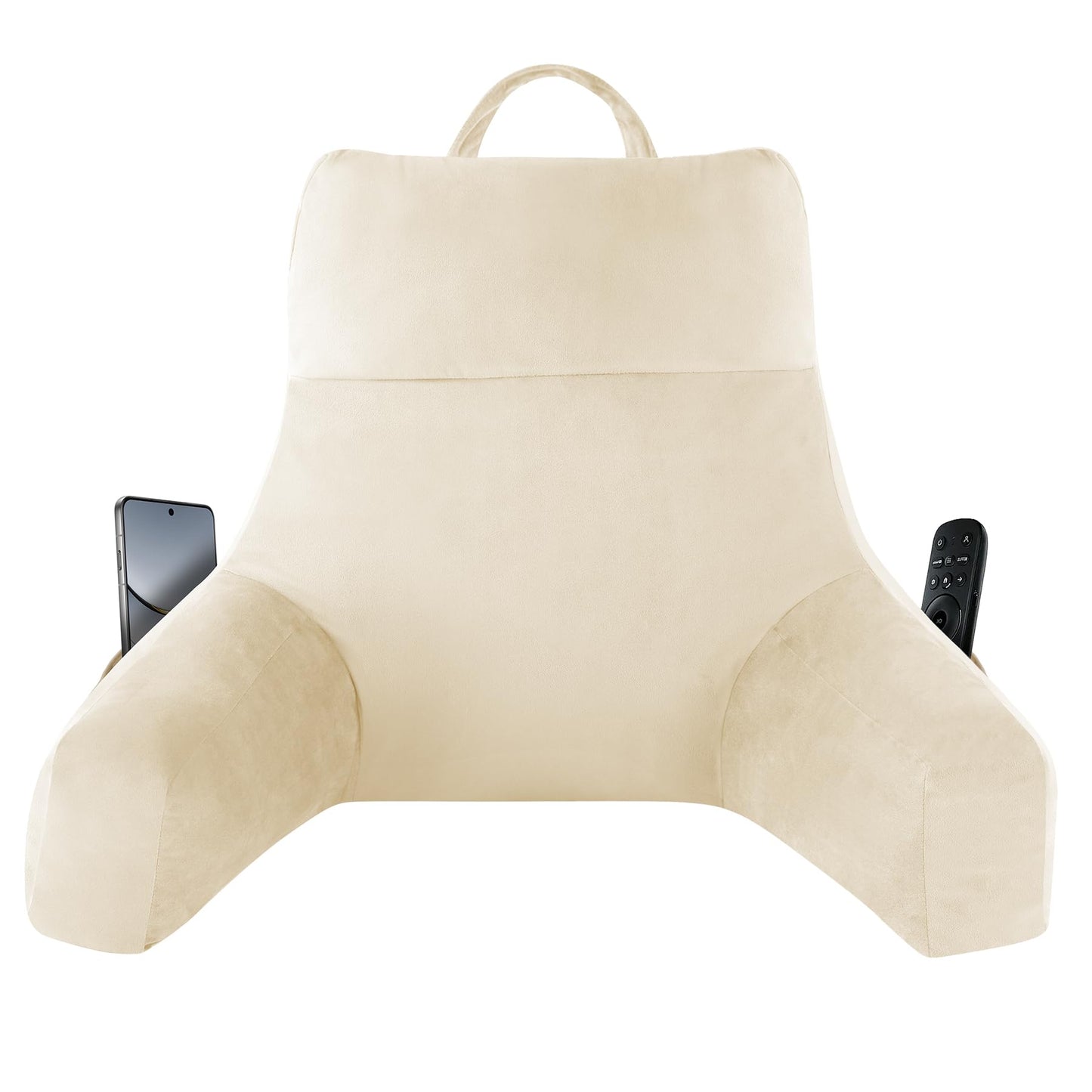 Melhany 18-Inch Shredded Memory Foam Reading Pillow with Arms, Velvet Bed Rest Back Support Pillow with Side Pocket