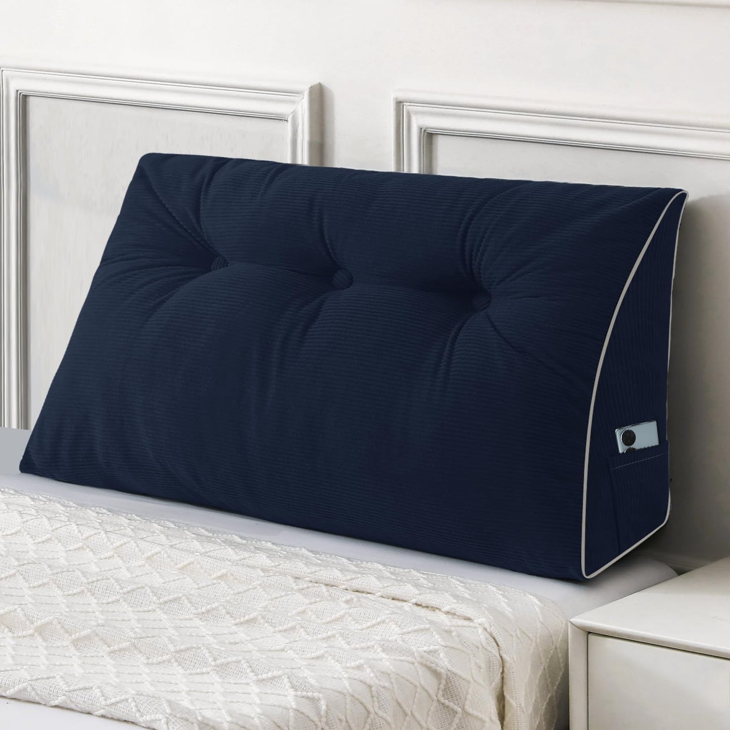 Melhany Queen Size Wedge Headboard Pillow Set with 2 Bolster Pillows, Velvet Back Support Reading Pillow with Removable Washable Cover
