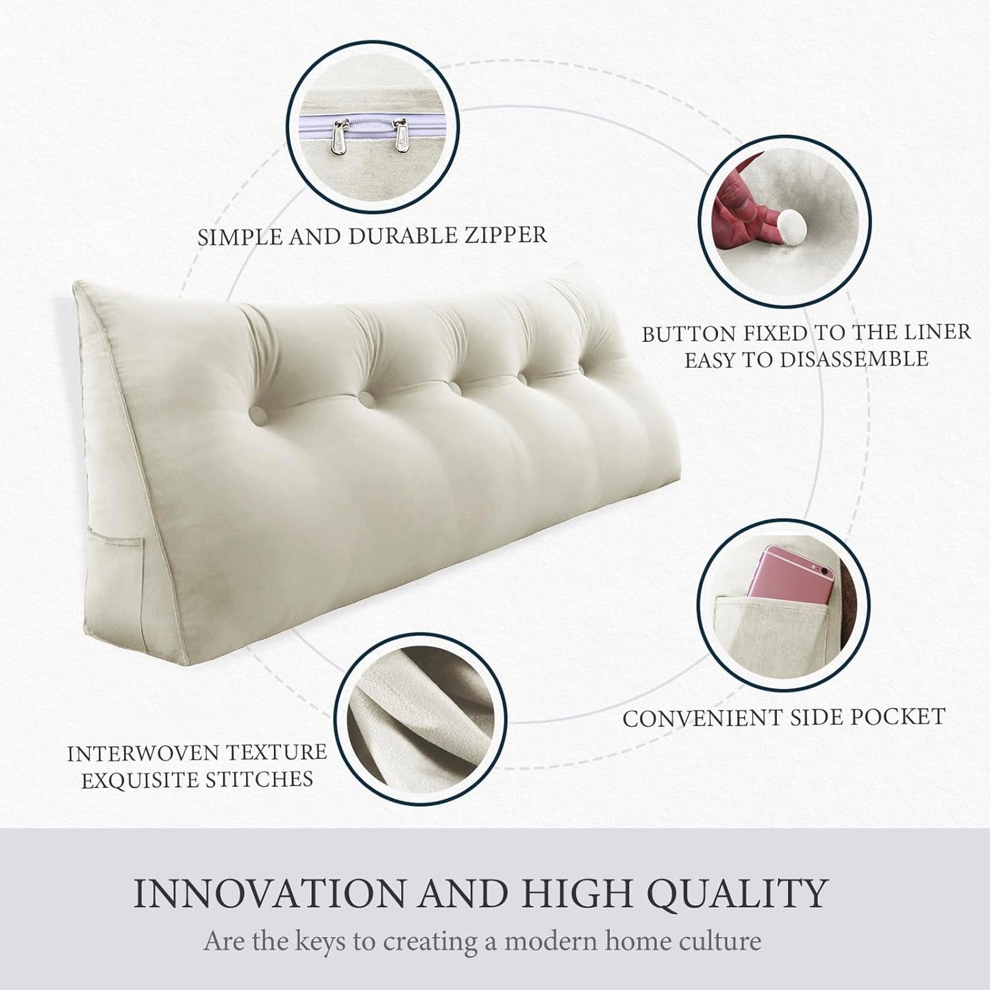 Melhany Queen Size Wedge Headboard Pillow with Side Pockets, Velvet Back Support Reading Pillow with Removable Washable Cover