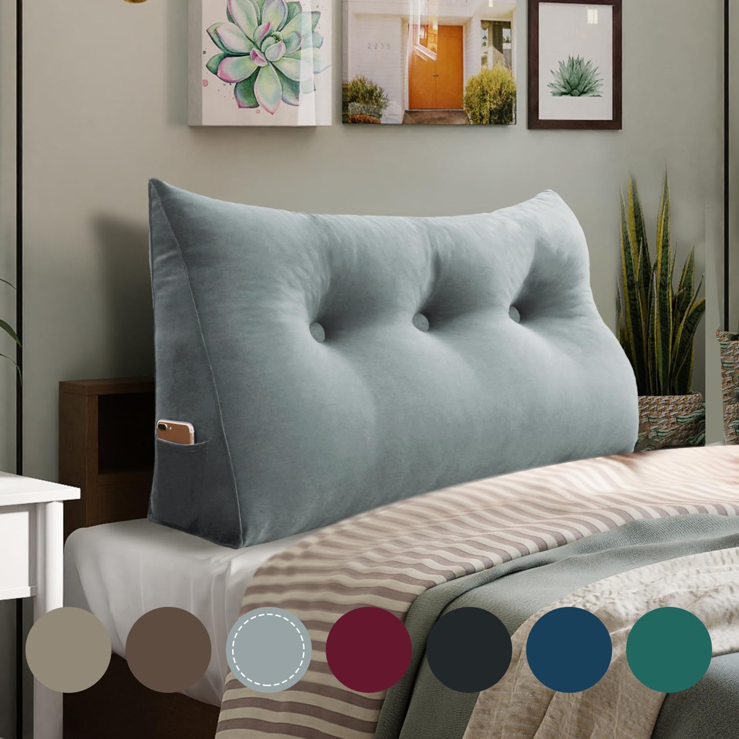 Melhany Queen Size Wedge Headboard Pillow with Side Pockets, Velvet Back Support Reading Pillow with Removable Washable Cover