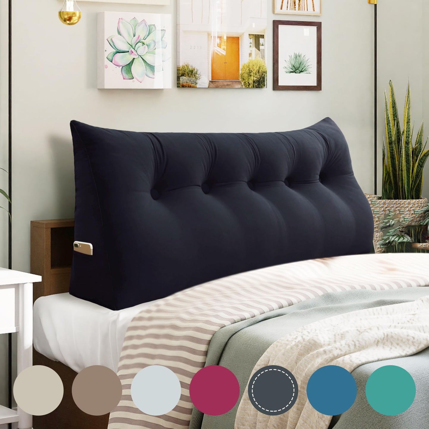 Melhany Queen Size Wedge Headboard Pillow with Side Pockets, Velvet Back Support Reading Pillow with Removable Washable Cover
