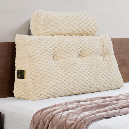 Melhany Queen Size Wedge Headboard Pillow Set with 2 Roll Pillows, Velvet Back Support Reading Pillow with Removable Washable Cover