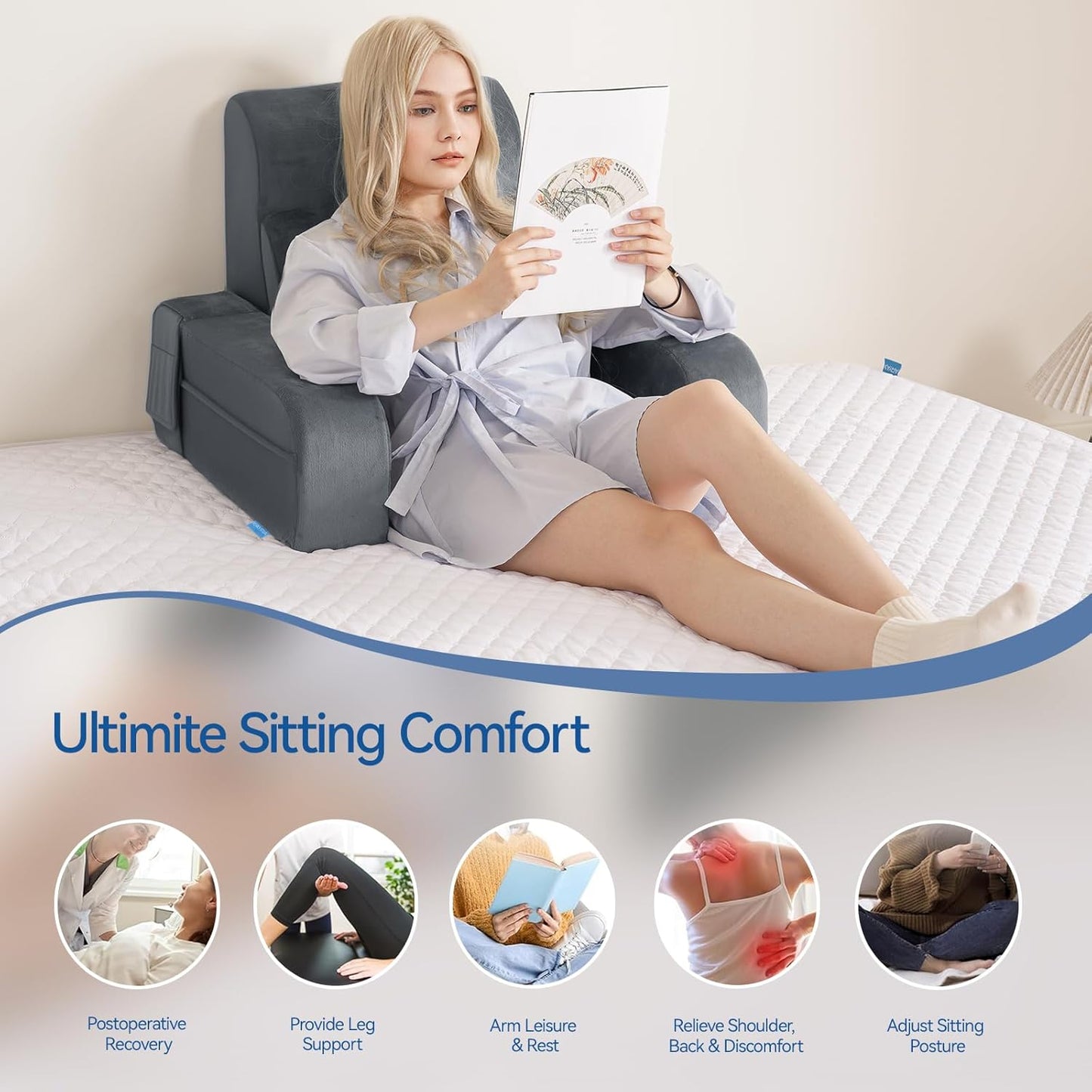 Melhany Adjustable Reading Pillow with Convertible Backrest, Memory Foam Bed Rest Pillow with Removable Arms and Side Pockets
