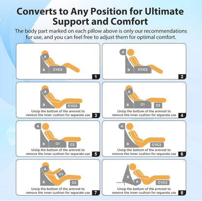 Melhany Medium Foam Reading Pillow with Detachable Arms and Headrest, Bed Rest Back Support Pillow with Side Pockets