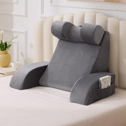 Melhany Medium Foam Reading Pillow with Detachable Arms and Headrest, Bed Rest Back Support Pillow with Side Pockets