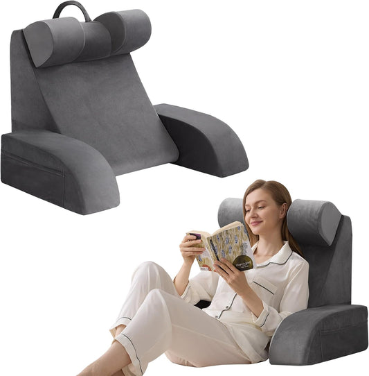 Melhany Medium Foam Reading Pillow with Detachable Arms and Headrest, Bed Rest Back Support Pillow with Side Pockets