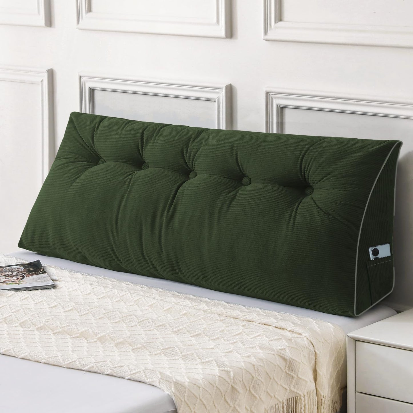 Melhany Queen Size Wedge Headboard Pillow Set with 2 Bolster Pillows, Velvet Back Support Reading Pillow with Removable Washable Cover