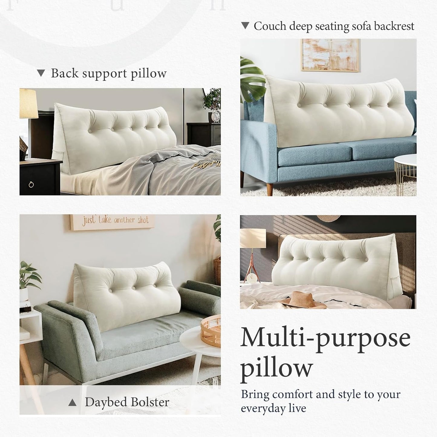 Melhany Queen Size Wedge Headboard Pillow with Side Pockets, Velvet Back Support Reading Pillow with Removable Washable Cover