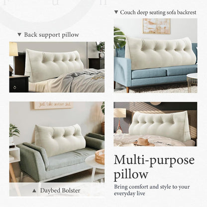 Melhany Queen Size Wedge Headboard Pillow with Side Pockets, Velvet Back Support Reading Pillow with Removable Washable Cover