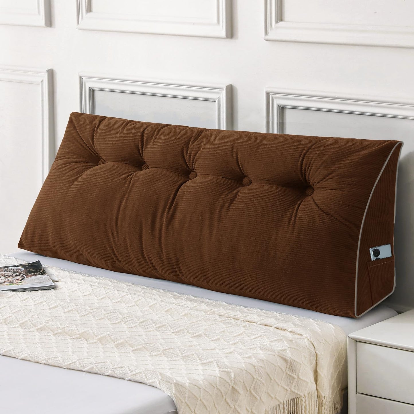 Melhany Queen Size Wedge Headboard Pillow Set with 2 Bolster Pillows, Velvet Back Support Reading Pillow with Removable Washable Cover