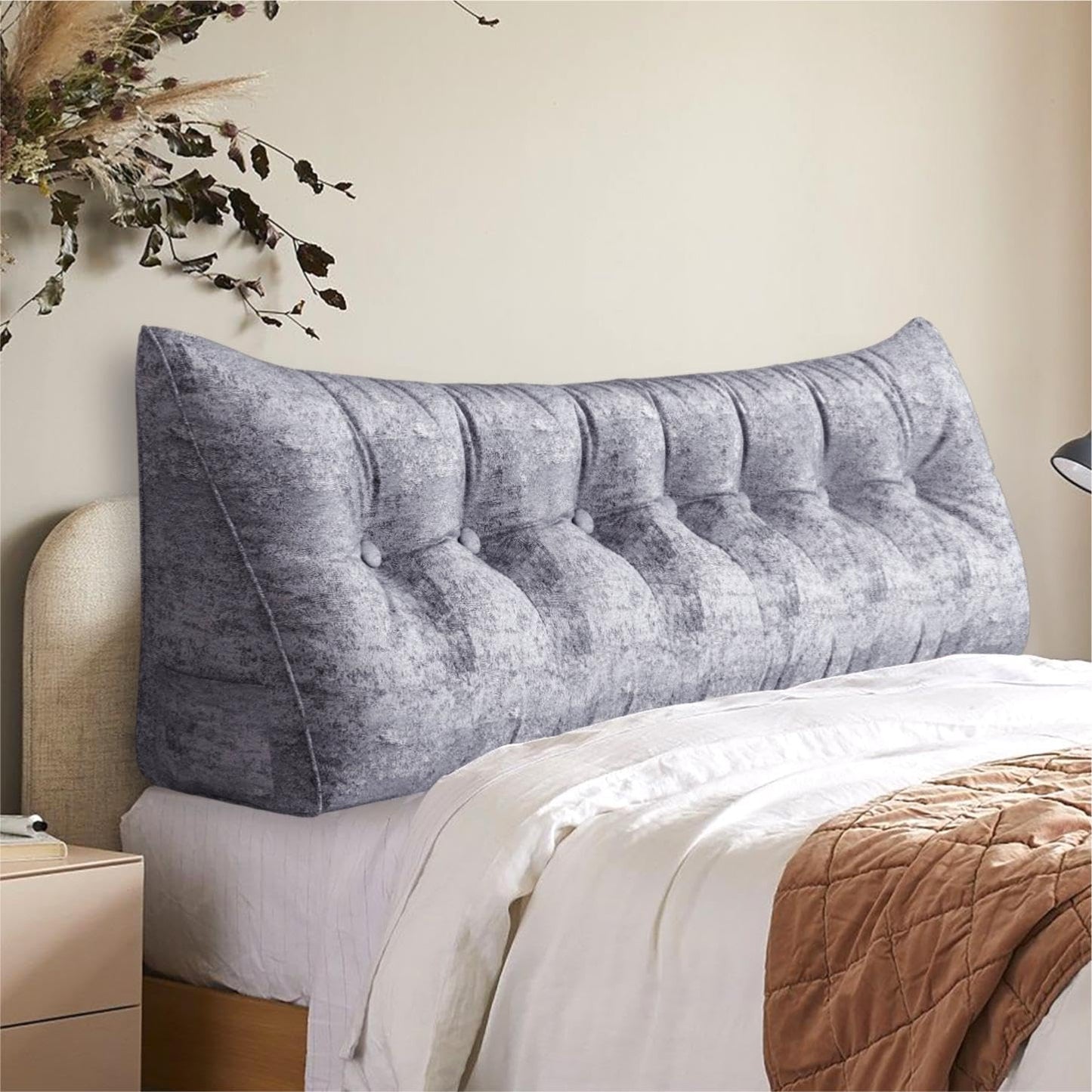 Melhany Queen Size Wedge Headboard Pillow with Side Pockets, Velvet Back Support Reading Pillow with Removable Washable Cover
