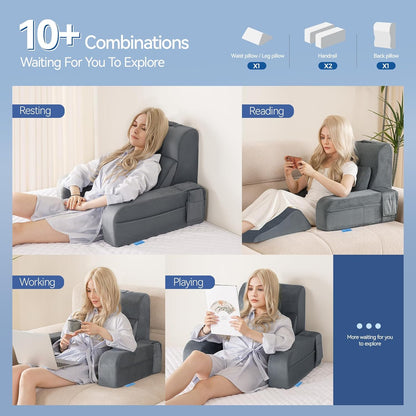 Melhany Adjustable Reading Pillow with Convertible Backrest, Memory Foam Bed Rest Pillow with Removable Arms and Side Pockets
