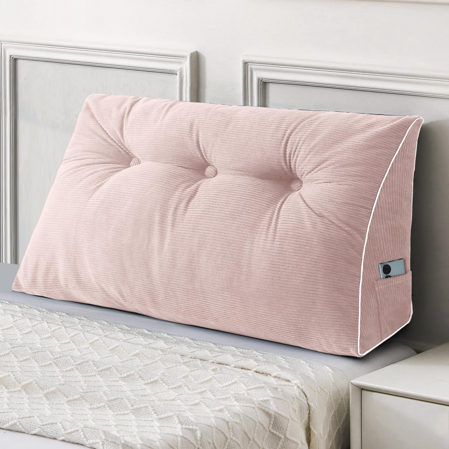 Melhany Queen Size Wedge Headboard Pillow Set with 2 Bolster Pillows, Velvet Back Support Reading Pillow with Removable Washable Cover