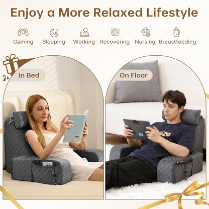 Melhany 19-Inch Wedge Reading Pillow with Removable Arms, Bed Rest Back Support Pillow with Side Pockets
