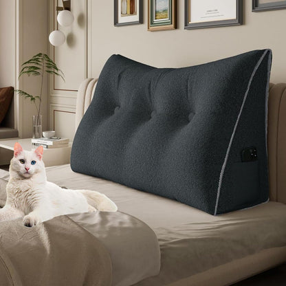 Melhany Queen Size Wedge Headboard Pillow with Side Pockets, Velvet Back Support Reading Pillow with Removable Washable Cover