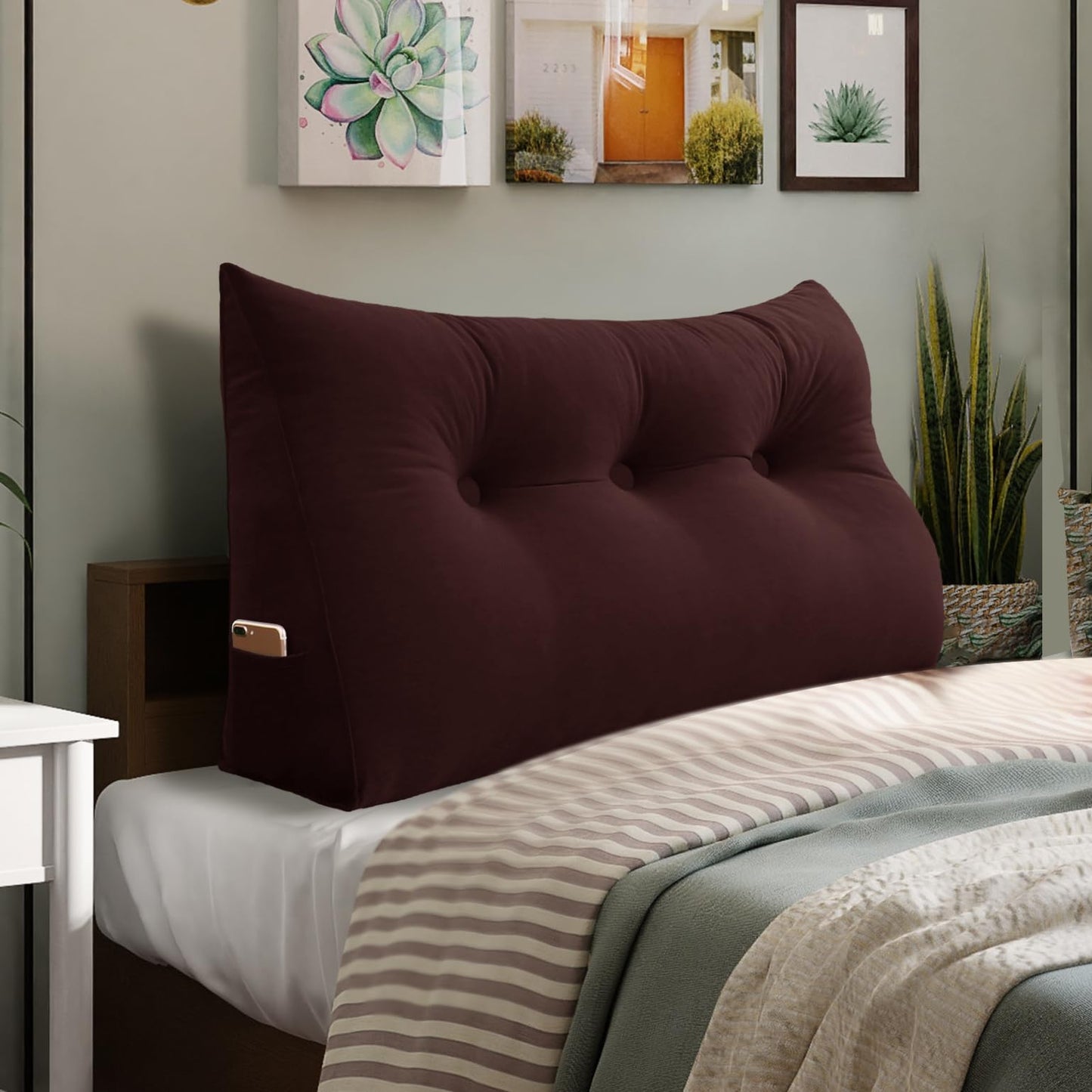 Melhany Queen Size Wedge Headboard Pillow with Side Pockets, Velvet Back Support Reading Pillow with Removable Washable Cover