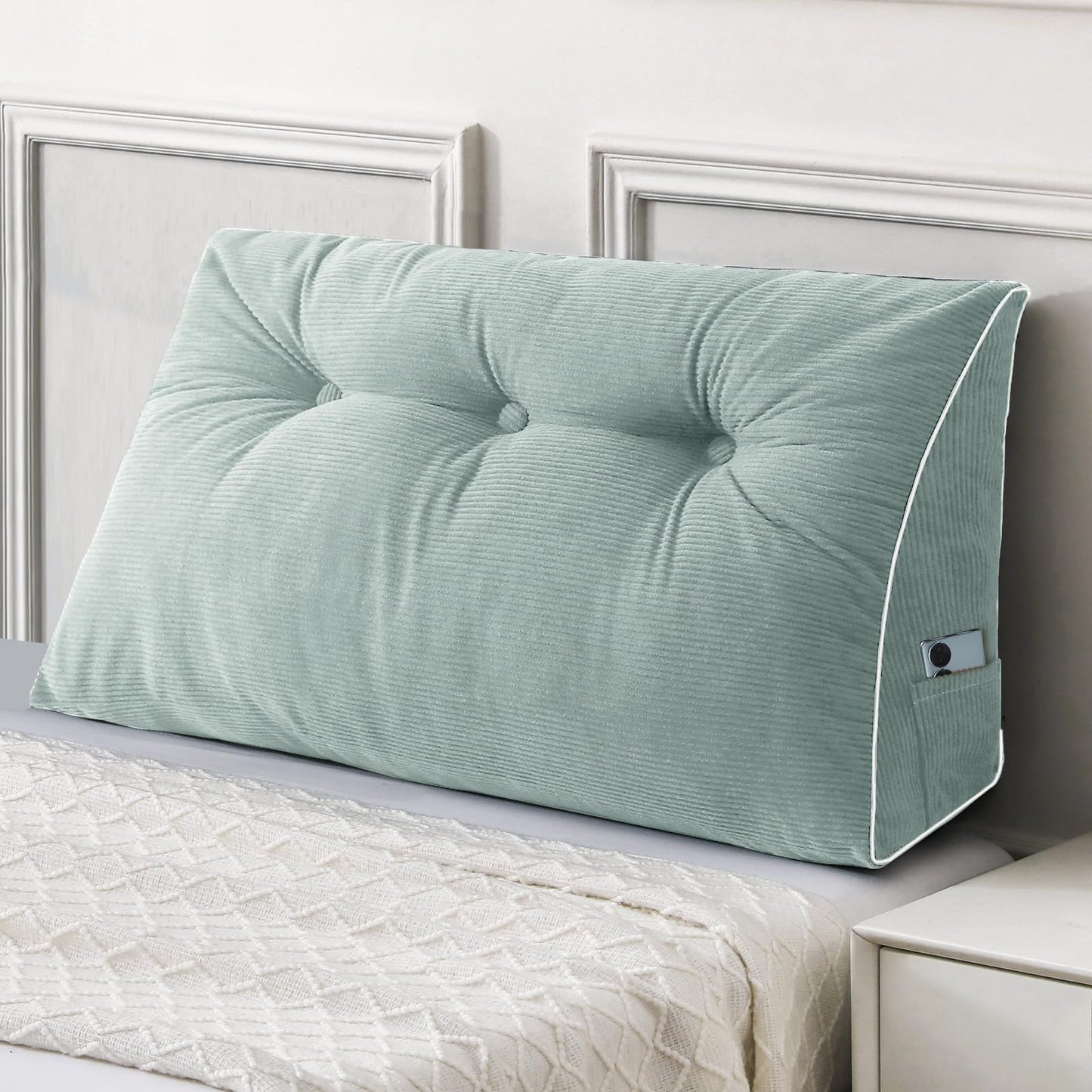 Melhany Queen Size Wedge Headboard Pillow Set with 2 Bolster Pillows, Velvet Back Support Reading Pillow with Removable Washable Cover
