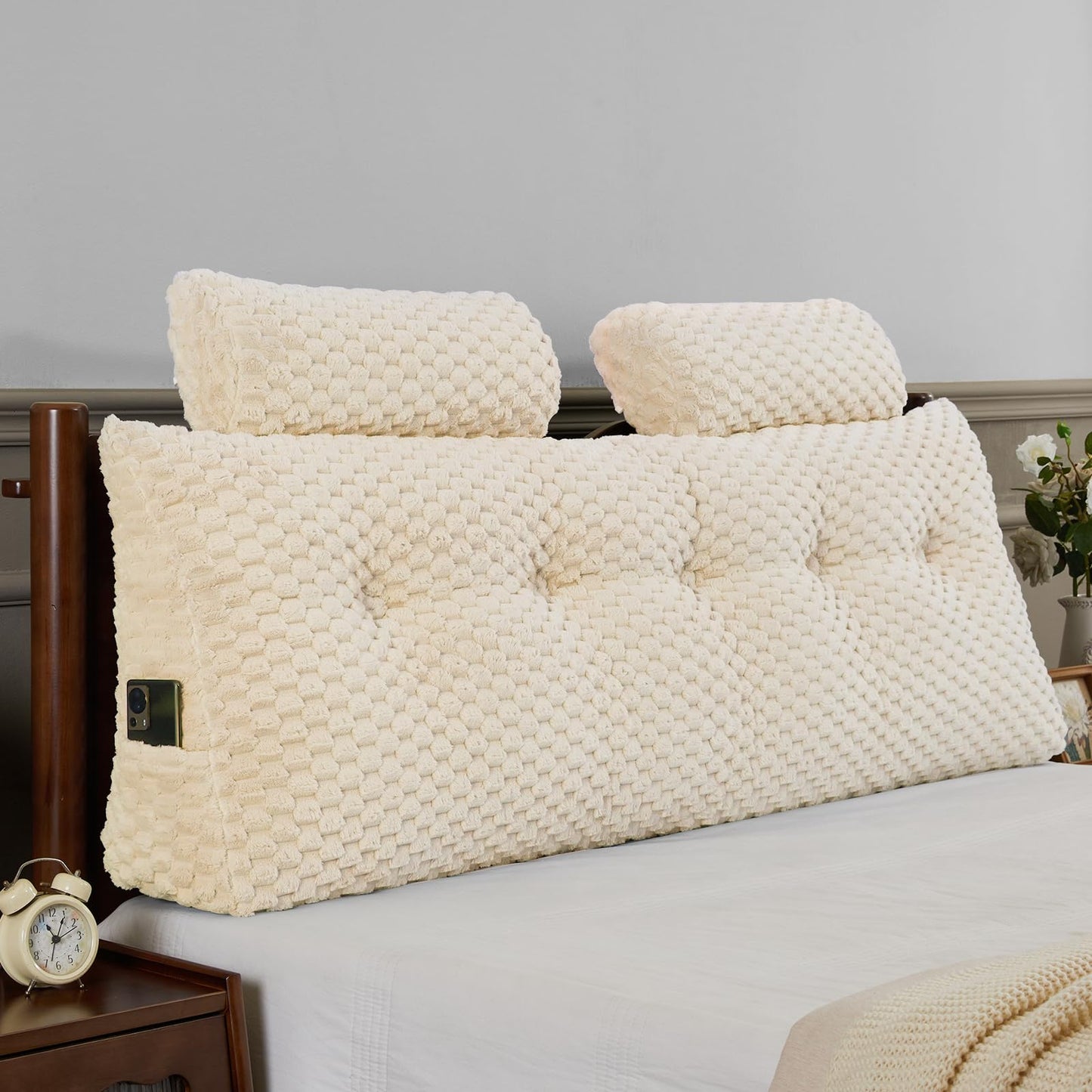 Melhany Queen Size Wedge Headboard Pillow Set with 2 Roll Pillows, Velvet Back Support Reading Pillow with Removable Washable Cover