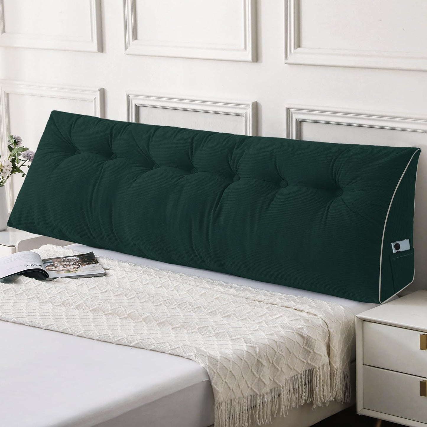 Melhany Queen Size Wedge Headboard Pillow Set with 2 Bolster Pillows, Velvet Back Support Reading Pillow with Removable Washable Cover