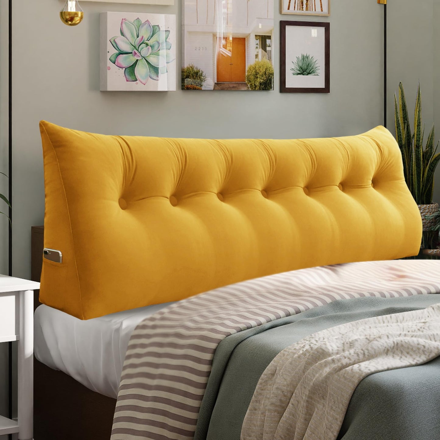 Melhany Queen Size Wedge Headboard Pillow with Side Pockets, Velvet Back Support Reading Pillow with Removable Washable Cover