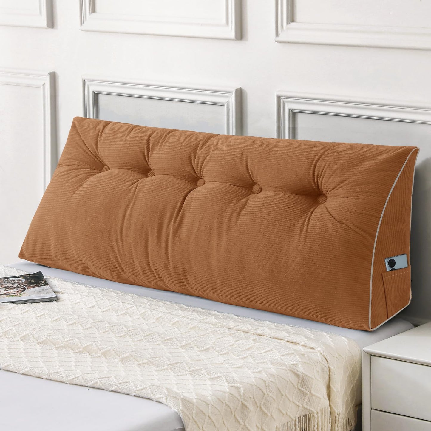 Melhany Queen Size Wedge Headboard Pillow Set with 2 Bolster Pillows, Velvet Back Support Reading Pillow with Removable Washable Cover