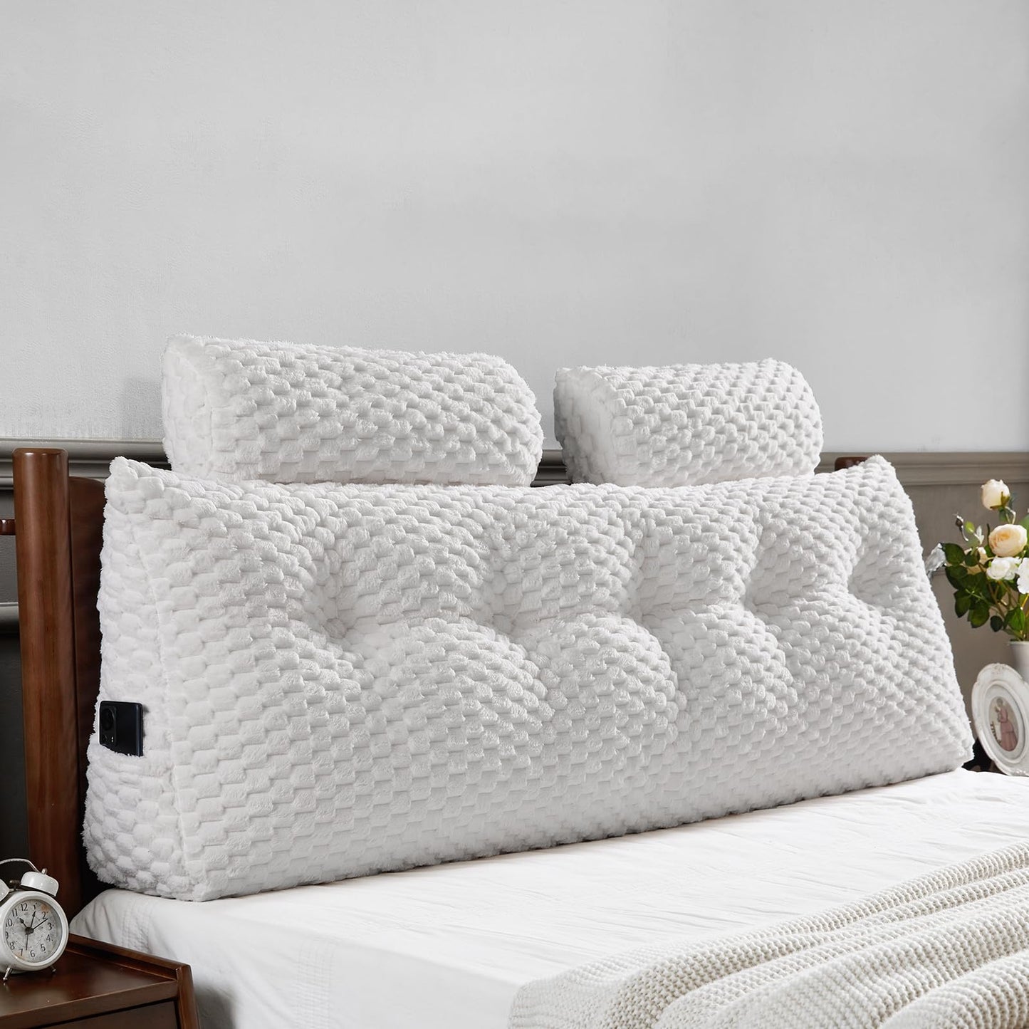 Melhany Queen Size Wedge Headboard Pillow Set with 2 Roll Pillows, Velvet Back Support Reading Pillow with Removable Washable Cover