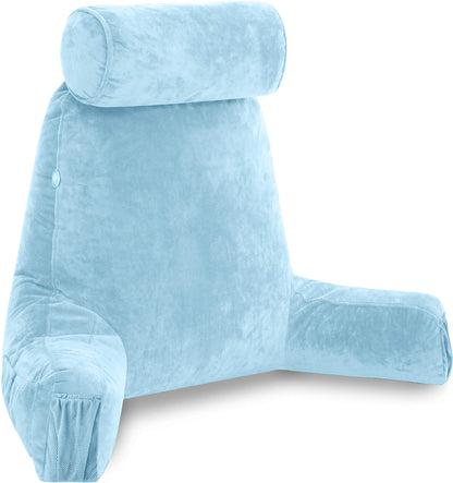 Melhany XX-Large Reading Pillow with Arms and Neck Roll, Shredded Memory Foam Bed Rest Pillow with Removable Cover and Side Pockets, Grey