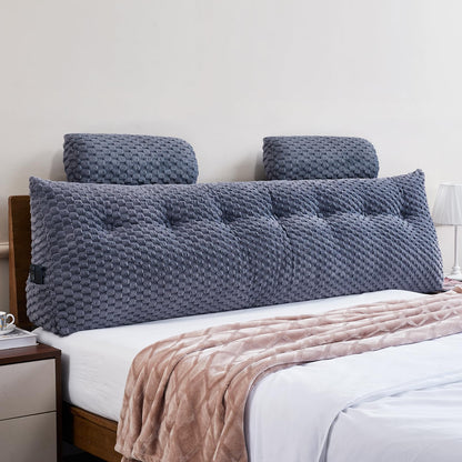 Melhany Queen Size Wedge Headboard Pillow Set with 2 Roll Pillows, Velvet Back Support Reading Pillow with Removable Washable Cover