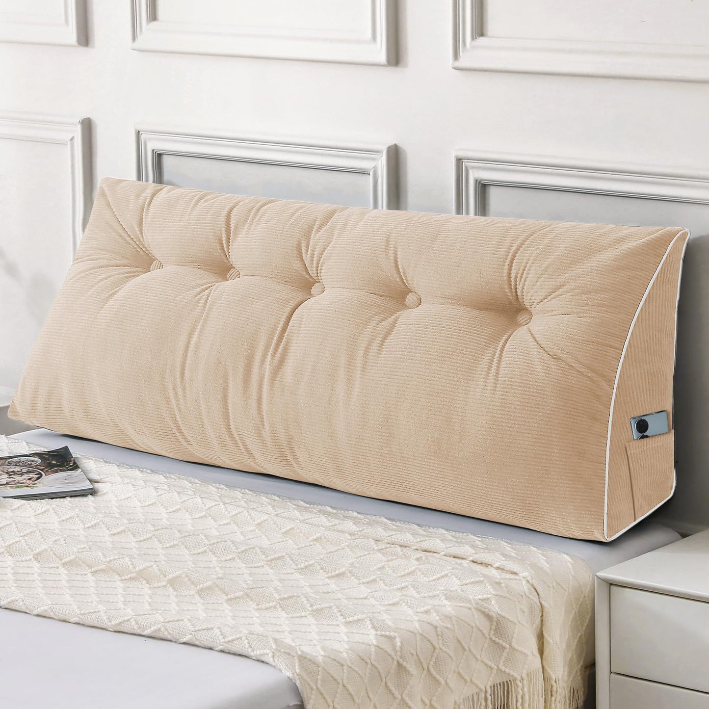 Melhany Queen Size Wedge Headboard Pillow Set with 2 Bolster Pillows, Velvet Back Support Reading Pillow with Removable Washable Cover