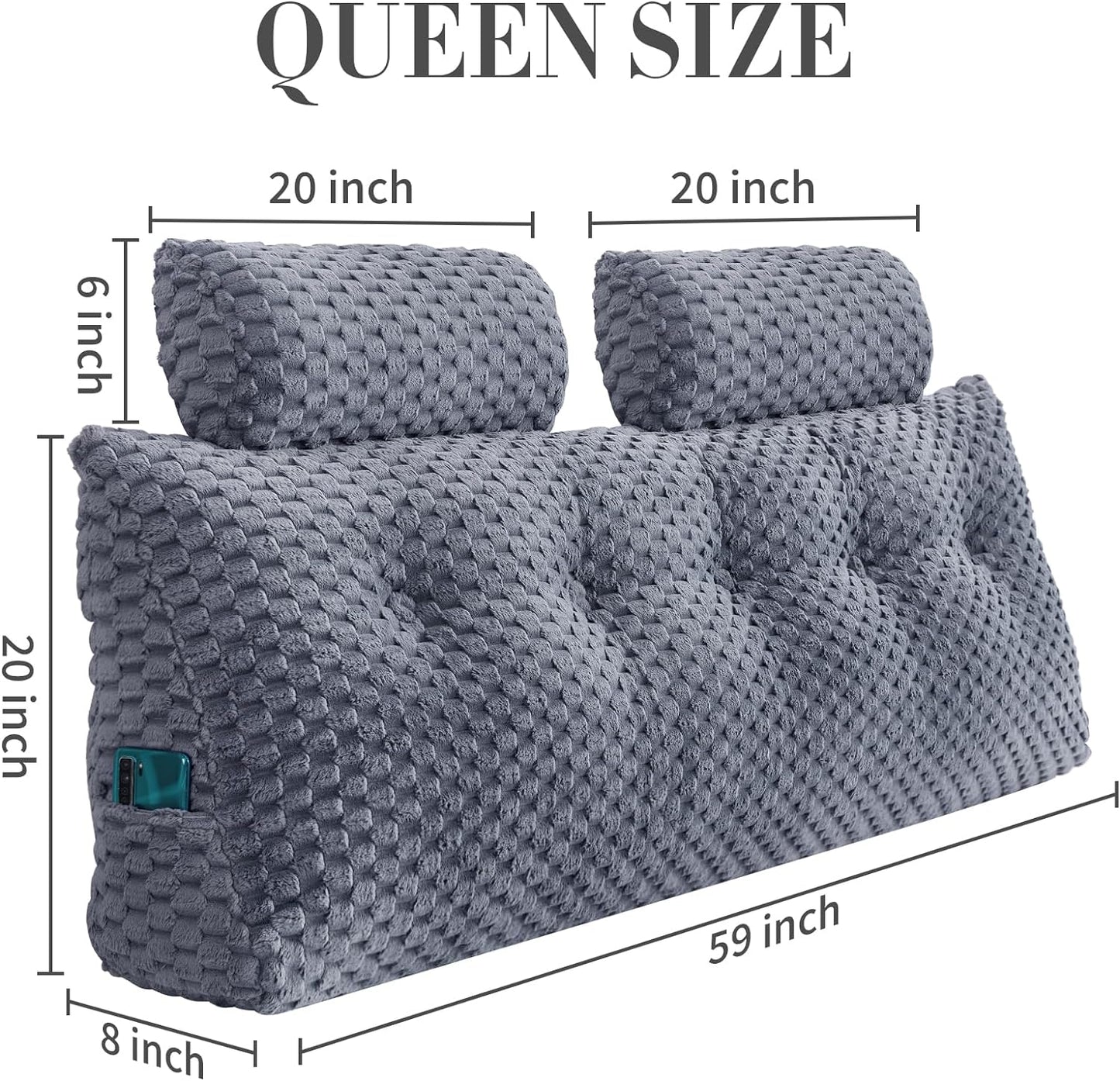Melhany Queen Size Wedge Headboard Pillow Set with 2 Roll Pillows, Velvet Back Support Reading Pillow with Removable Washable Cover