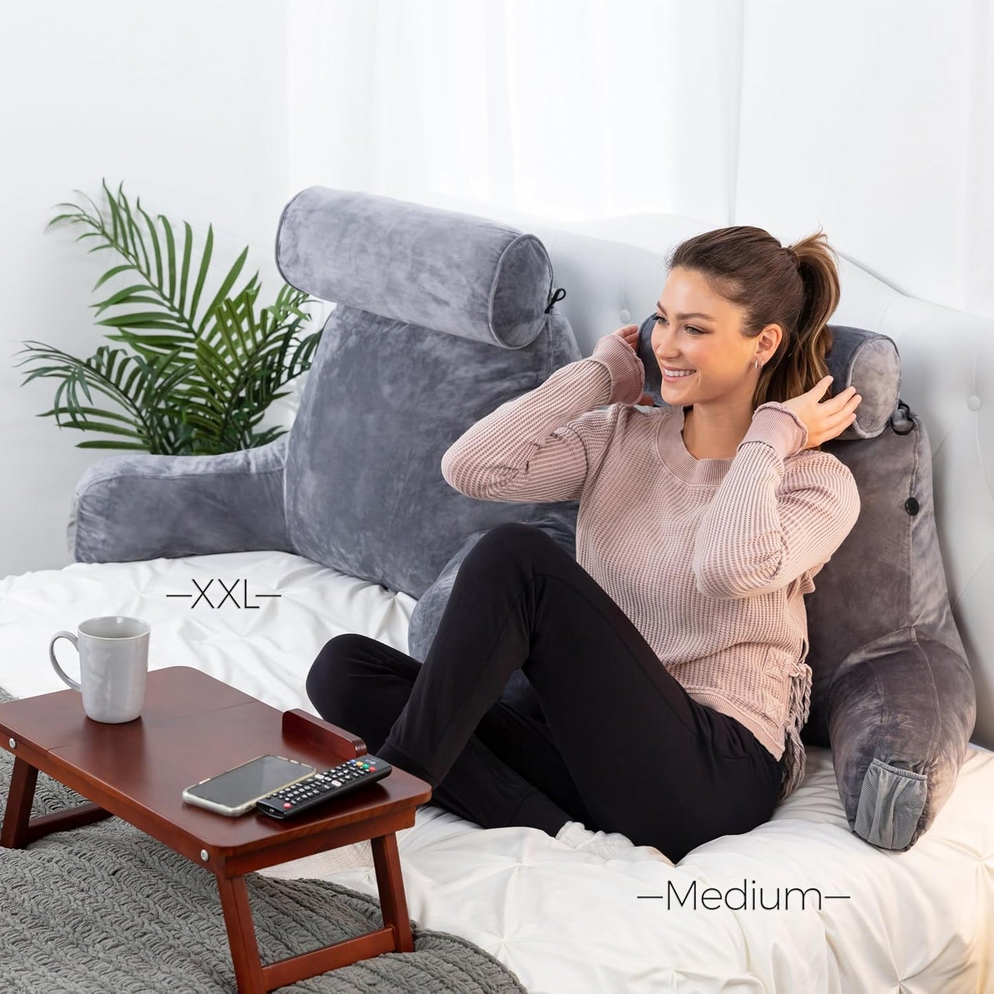Melhany XX-Large Reading Pillow with Arms and Neck Roll, Shredded Memory Foam Bed Rest Pillow with Removable Cover and Side Pockets, Grey