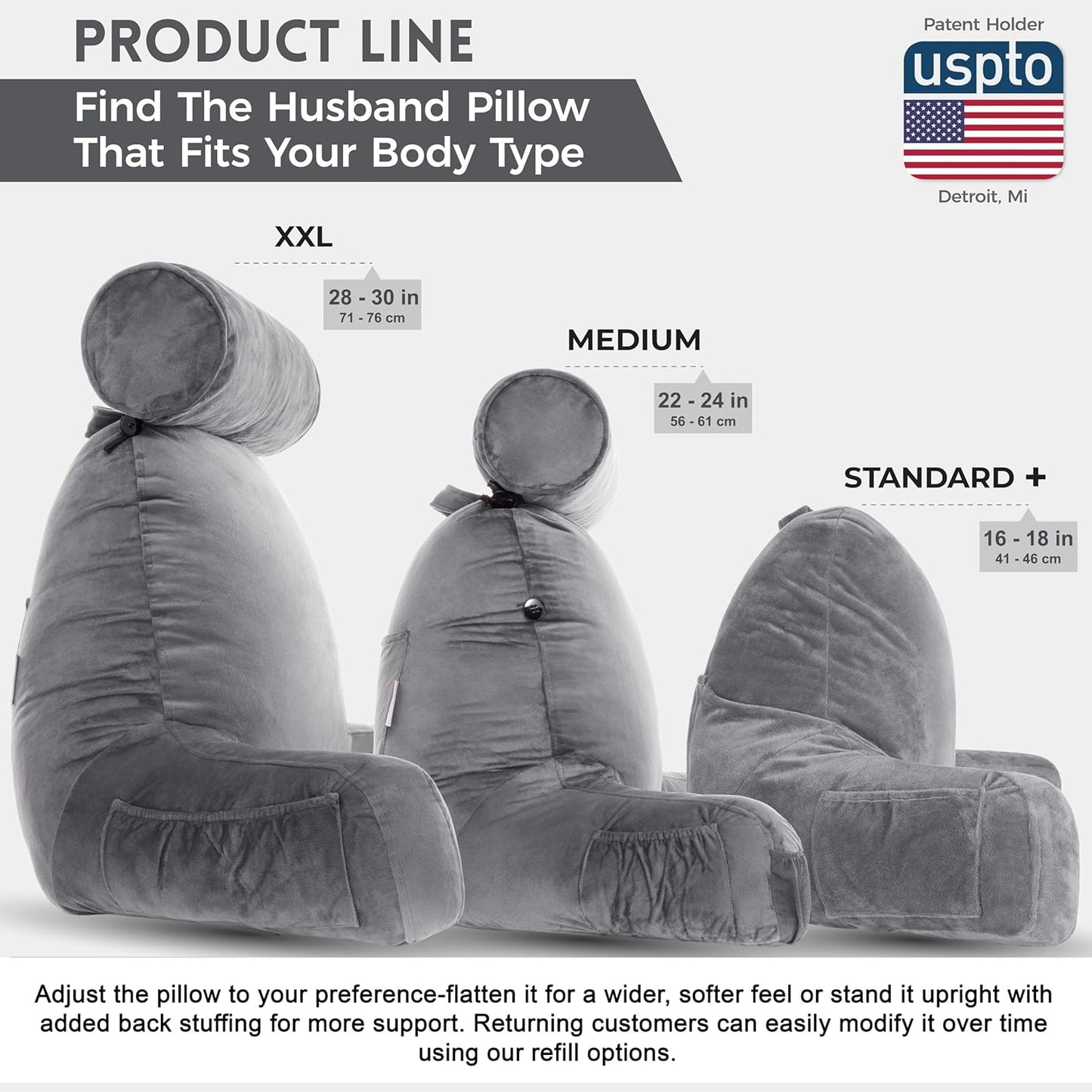 Melhany XX-Large Reading Pillow with Arms and Neck Roll, Shredded Memory Foam Bed Rest Pillow with Removable Cover and Side Pockets, Grey