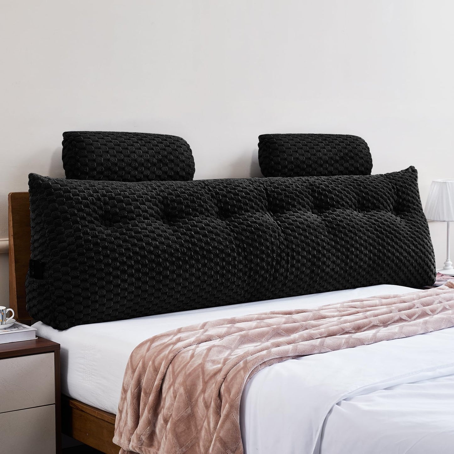 Melhany Queen Size Wedge Headboard Pillow Set with 2 Roll Pillows, Velvet Back Support Reading Pillow with Removable Washable Cover
