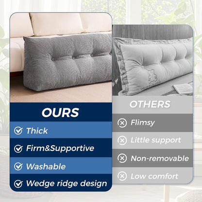 Melhany Queen Size Wedge Headboard Pillow with Side Pockets, Tufted Back Support Reading Pillow with Removable Washable Cover