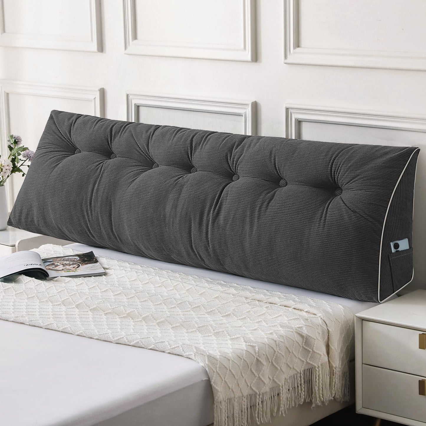 Melhany Queen Size Wedge Headboard Pillow Set with 2 Bolster Pillows, Velvet Back Support Reading Pillow with Removable Washable Cover