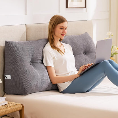 Melhany Queen Size Wedge Headboard Pillow with Side Pockets, Tufted Back Support Reading Pillow with Removable Washable Cover