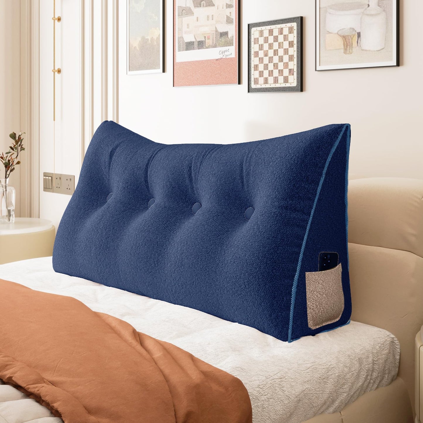 Melhany Queen Size Wedge Headboard Pillow with Side Pockets, Velvet Back Support Reading Pillow with Removable Washable Cover