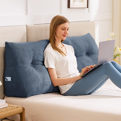 Melhany Queen Size Wedge Headboard Pillow with Side Pockets, Tufted Back Support Reading Pillow with Removable Washable Cover