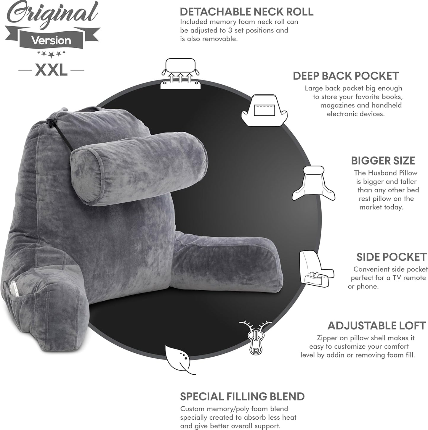 Melhany XX-Large Reading Pillow with Arms and Neck Roll, Shredded Memory Foam Bed Rest Pillow with Removable Cover and Side Pockets, Grey