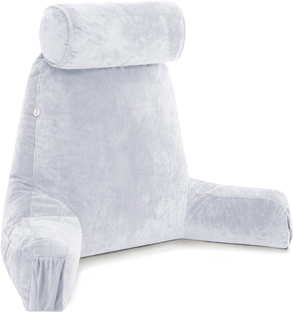 Melhany XX-Large Reading Pillow with Arms and Neck Roll, Shredded Memory Foam Bed Rest Pillow with Removable Cover and Side Pockets, Grey