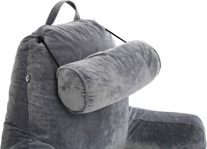 Melhany XX-Large Reading Pillow with Arms and Neck Roll, Shredded Memory Foam Bed Rest Pillow with Removable Cover and Side Pockets, Grey
