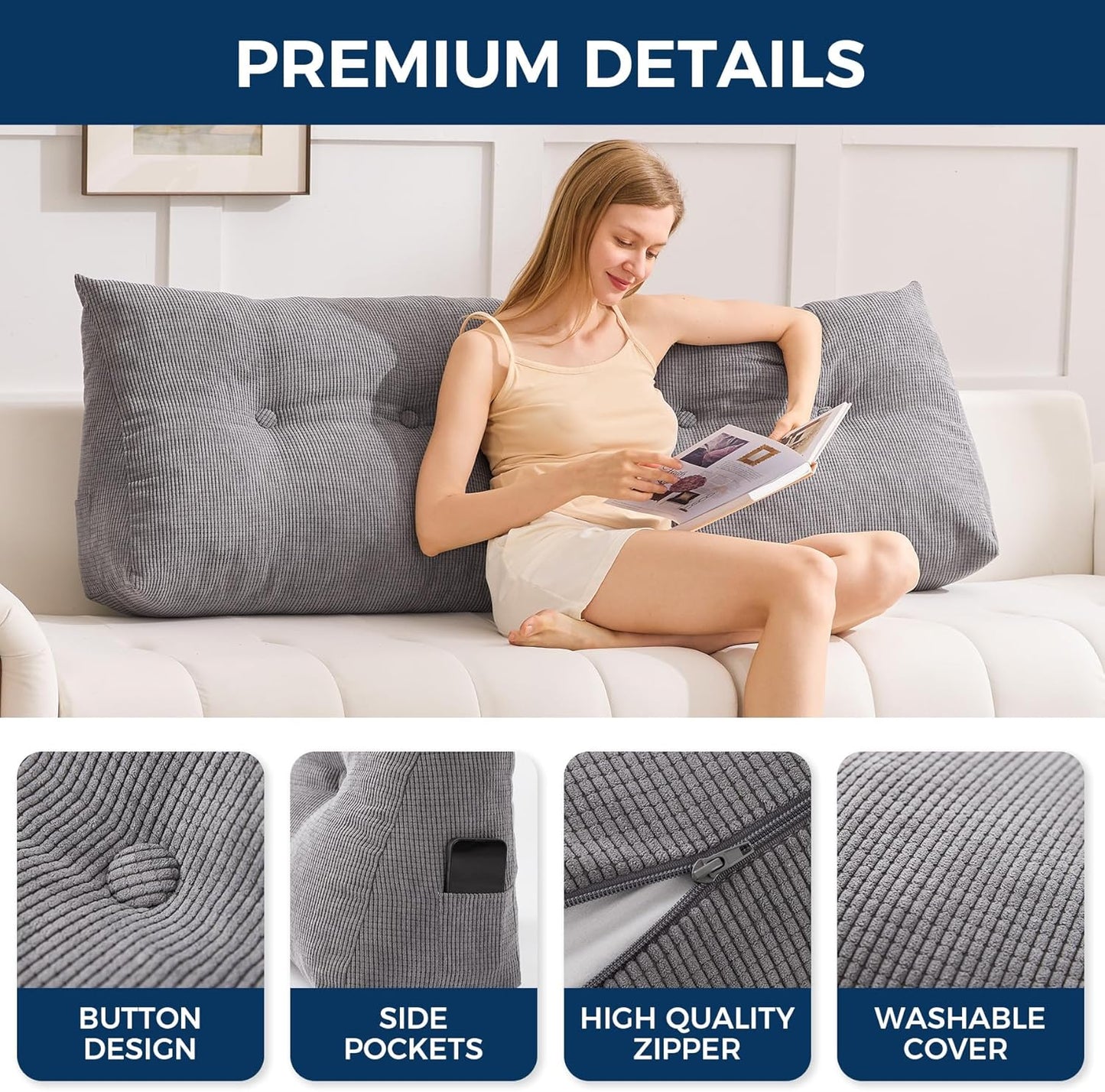 Melhany Queen Size Wedge Headboard Pillow with Side Pockets, Tufted Back Support Reading Pillow with Removable Washable Cover