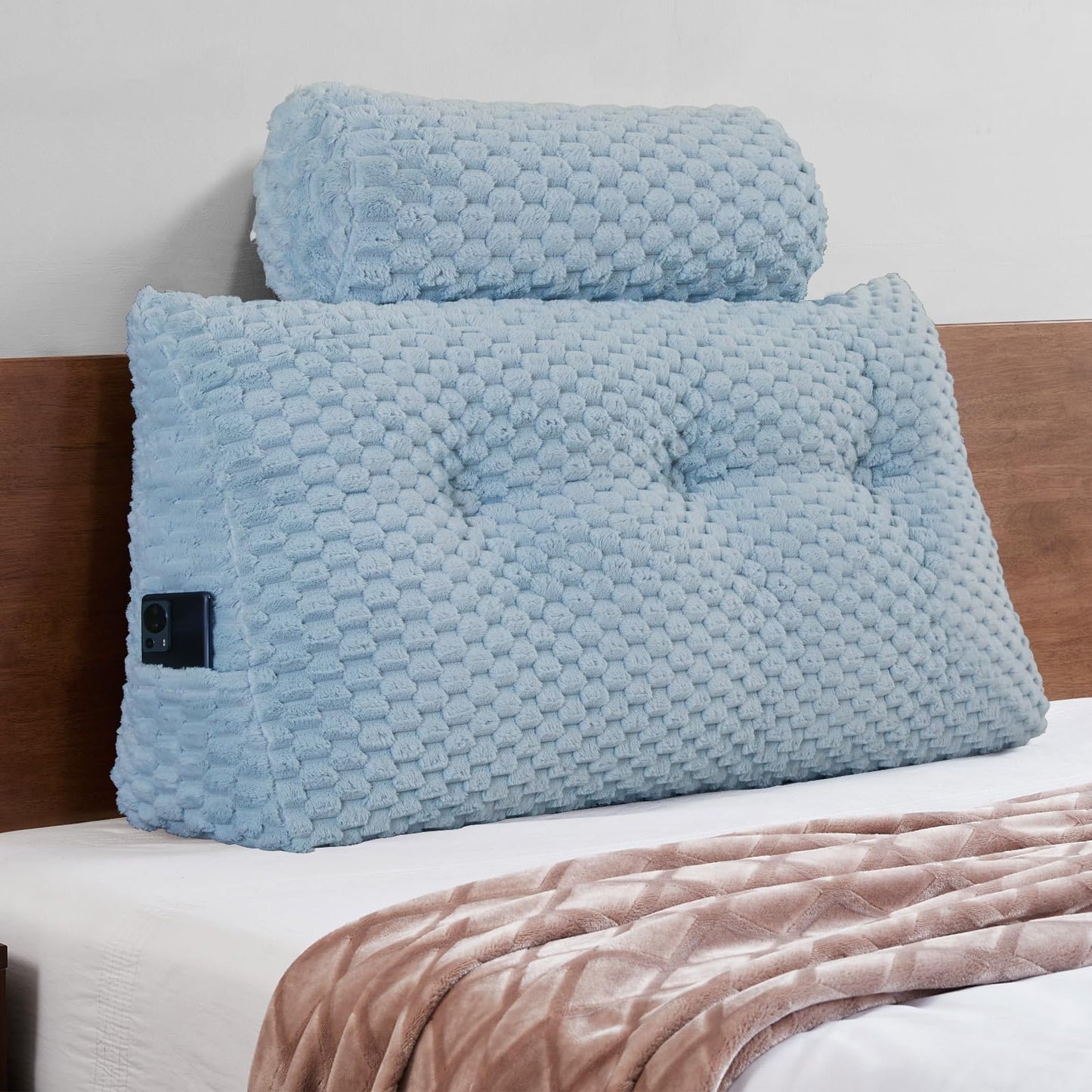 Melhany Queen Size Wedge Headboard Pillow Set with 2 Roll Pillows, Velvet Back Support Reading Pillow with Removable Washable Cover