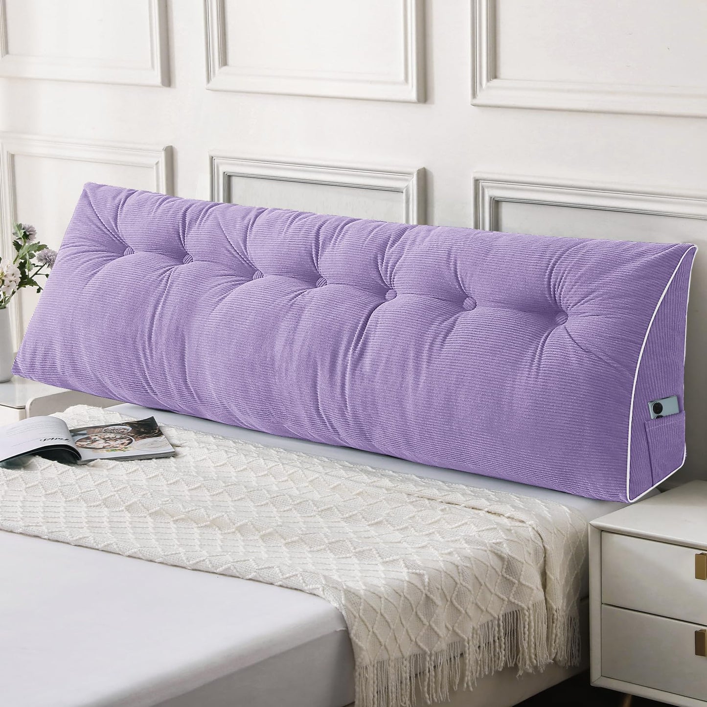 Melhany Queen Size Wedge Headboard Pillow Set with 2 Bolster Pillows, Velvet Back Support Reading Pillow with Removable Washable Cover